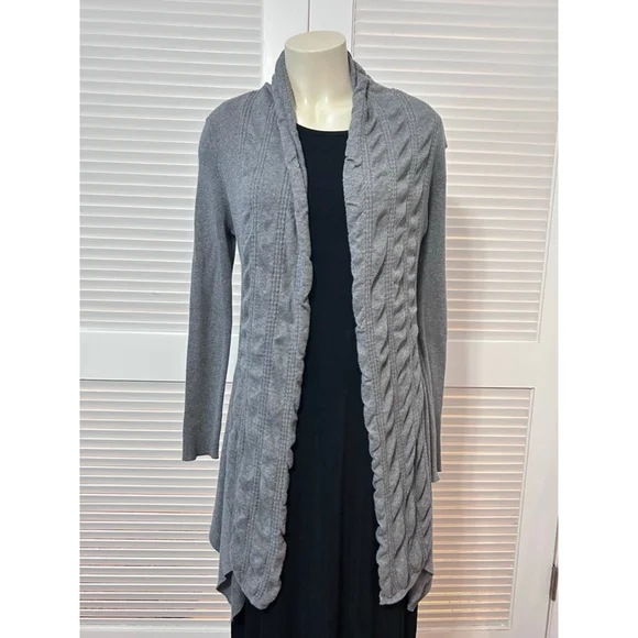 Cache Gray Draped Open Front Cardigan Sweater L Belted Faux Leather Shawl Collar - Picture 2 of 9